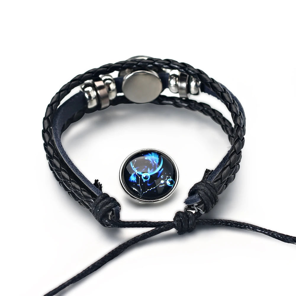 Elegance of the Universe : Leather Bracelet with Zodiac Symbols