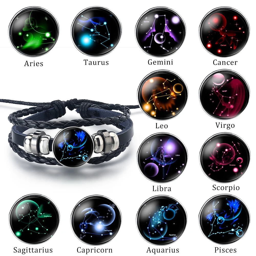 Elegance of the Universe : Leather Bracelet with Zodiac Symbols