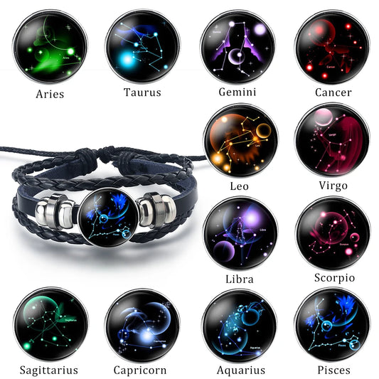 Elegance of the Universe : Leather Bracelet with Zodiac Symbols