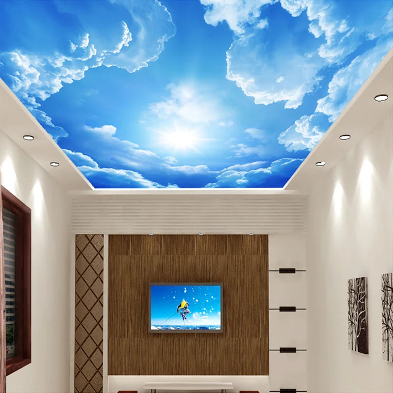 Transform Your Space: 3D Blue Sky & White Clouds Ceiling Wallpaper