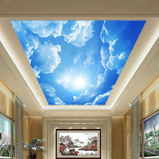 Transform Your Space: 3D Blue Sky & White Clouds Ceiling Wallpaper