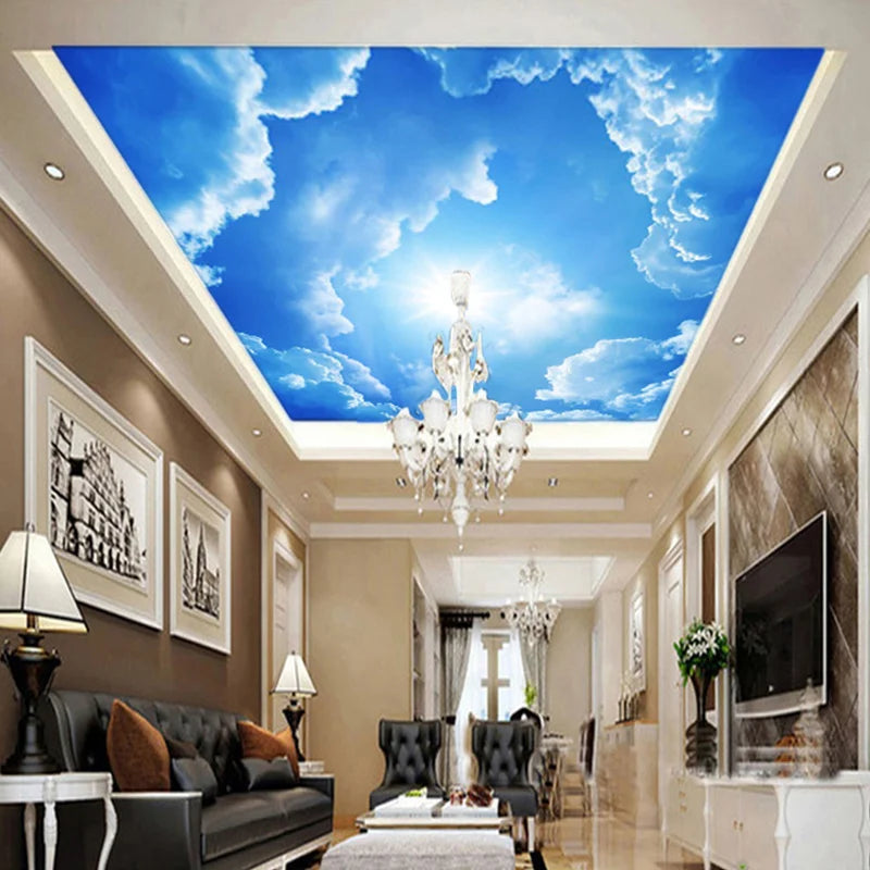 Transform Your Space: 3D Blue Sky & White Clouds Ceiling Wallpaper