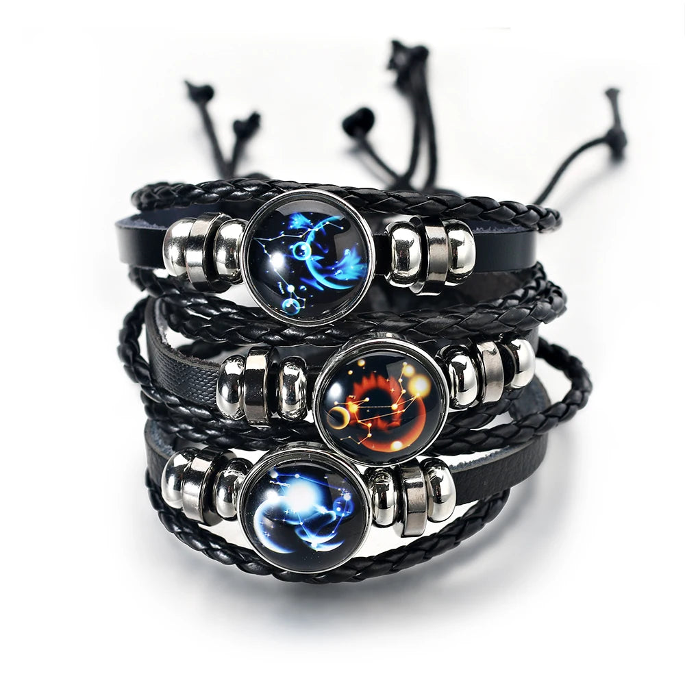 Elegance of the Universe : Leather Bracelet with Zodiac Symbols