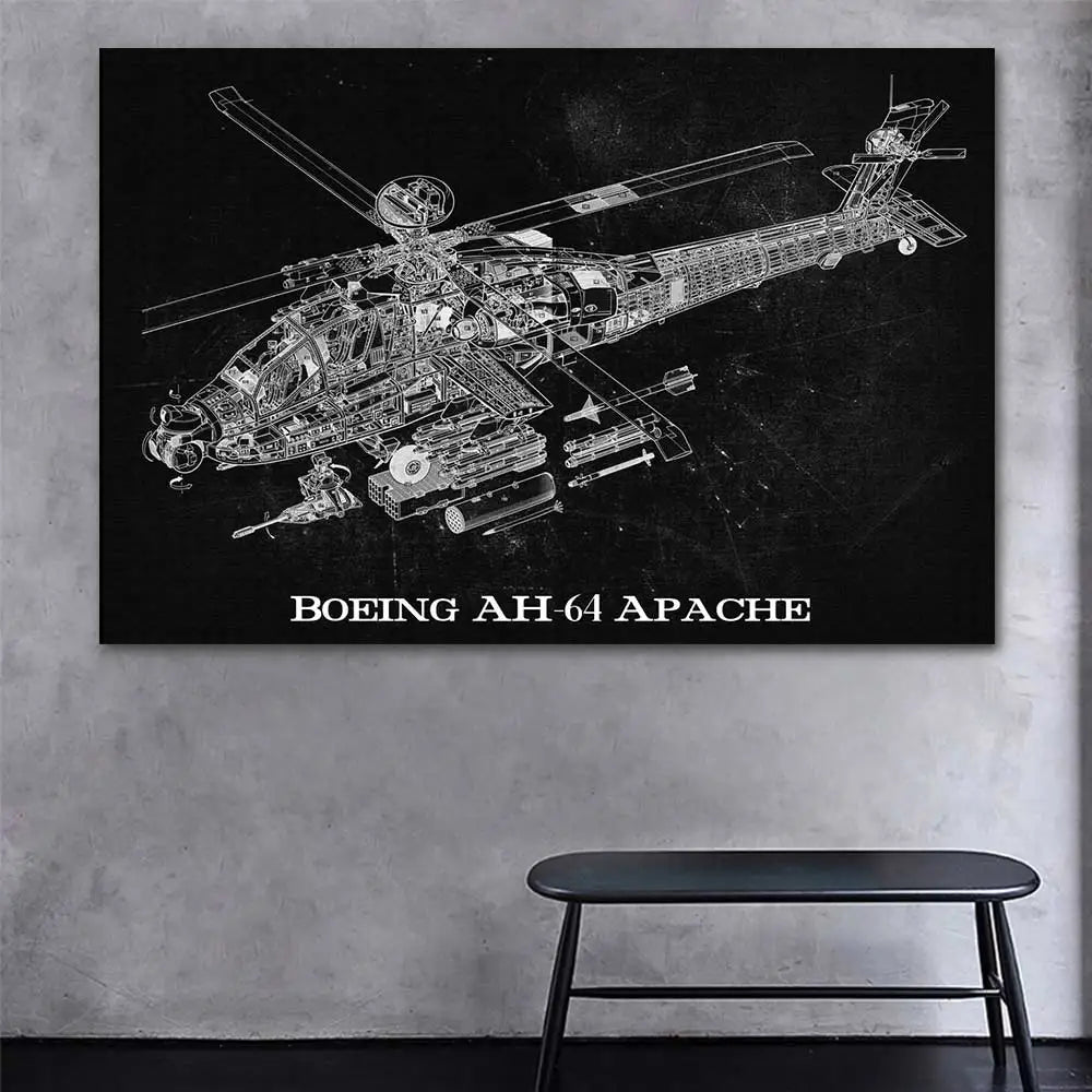 Air Force Aircraft:  Helicopter & Fighter Jet Blueprint Canvas Art