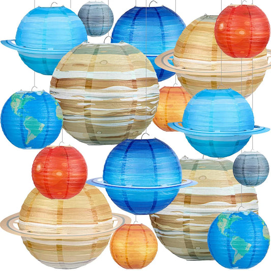 System Paper Lantern Outer Space Planet Hanging Decoration 3D Lantern Lampshade Ornament for Space Themed Birthday Party Decor