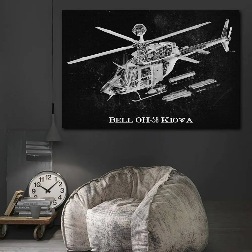 Air Force Aircraft:  Helicopter & Fighter Jet Blueprint Canvas Art