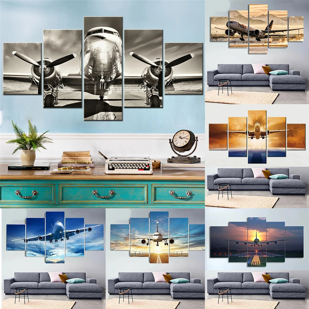 Stunning Sunset Airplane: 5-Piece HD Canvas Wall Art for Home Decor