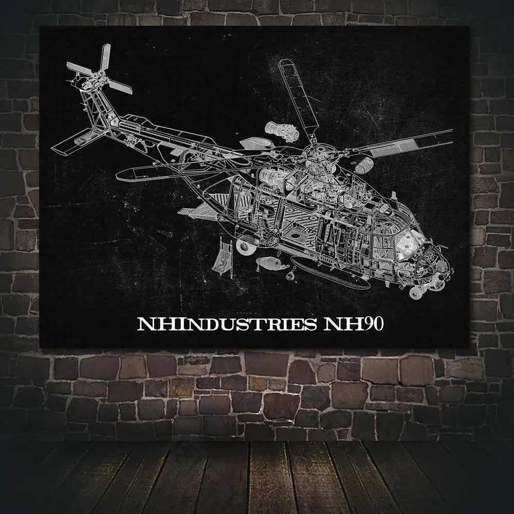 Air Force Aircraft:  Helicopter & Fighter Jet Blueprint Canvas Art