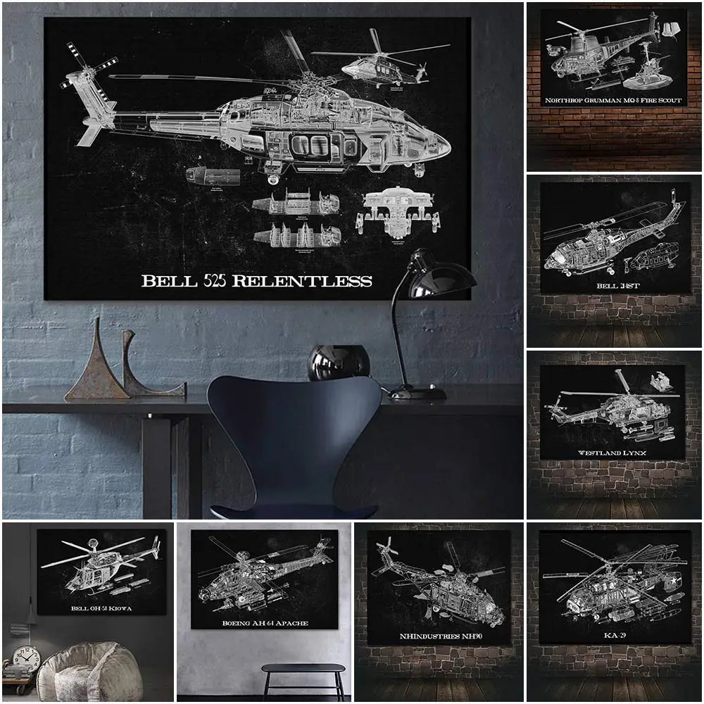 Air Force Aircraft:  Helicopter & Fighter Jet Blueprint Canvas Art