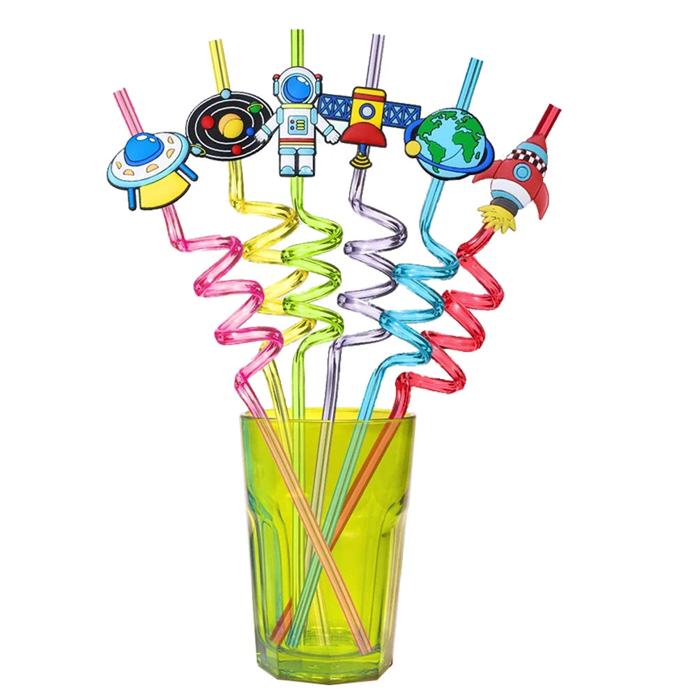 8pcs Reusable Space Rocket Astronaut Straws: Plastic Drinking Straws for Kids' Space Birthday Party Decorations ,  COD: ES123