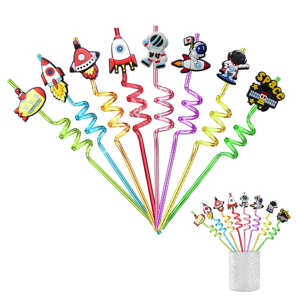 8pcs Reusable Space Rocket Astronaut Straws: Plastic Drinking Straws for Kids' Space Birthday Party Decorations ,  COD: ES123