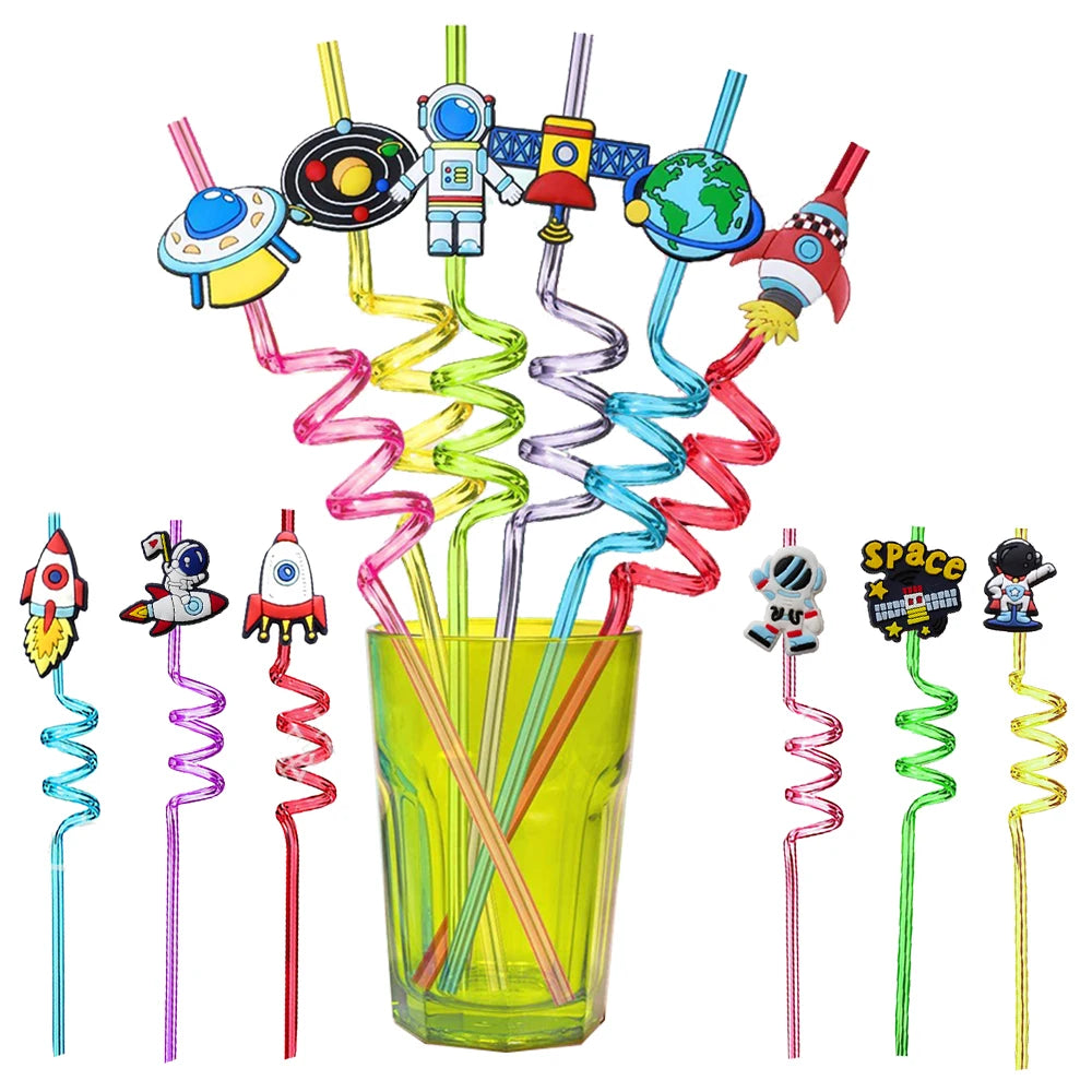 8pcs Reusable Space Rocket Astronaut Straws: Plastic Drinking Straws for Kids' Space Birthday Party Decorations ,  COD: ES123