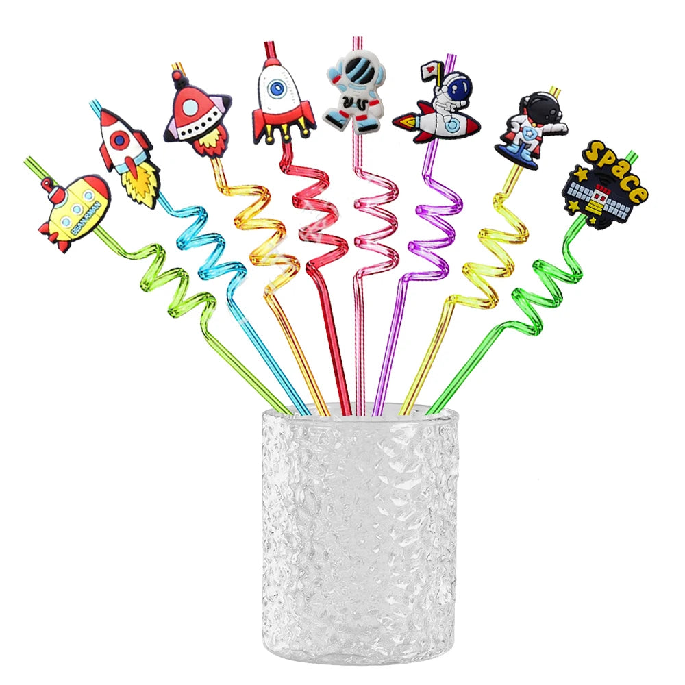 8pcs Reusable Space Rocket Astronaut Straws: Plastic Drinking Straws for Kids' Space Birthday Party Decorations ,  COD: ES123